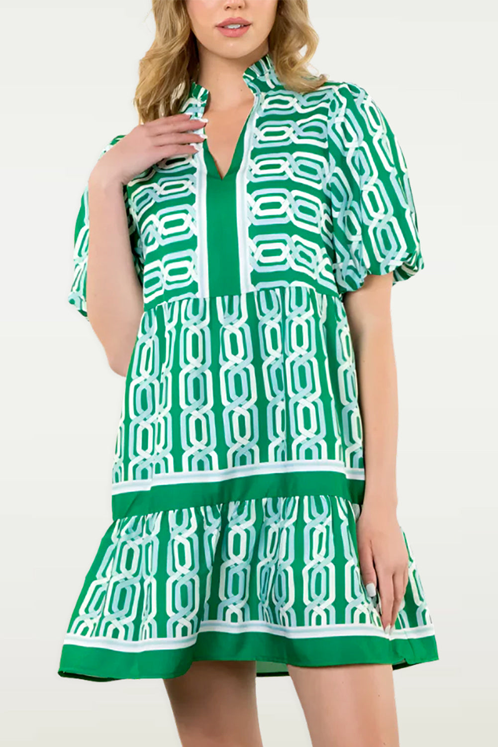 Bright Green Abstract Patterned V Neck Puff Short Sleeve Mini Dress