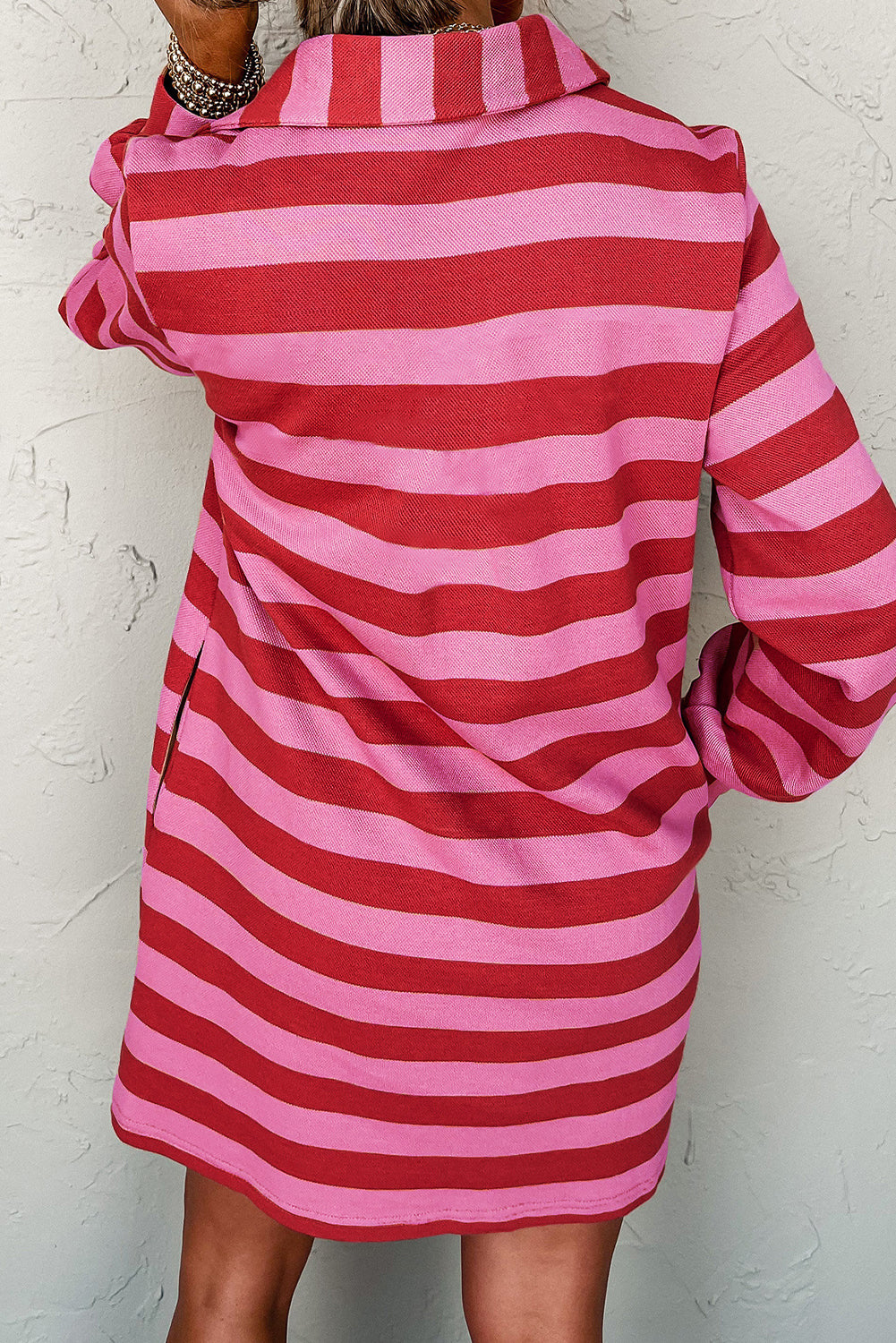 Red Stripe Polo Neck Shift Fit Sweatshirt Dress with Side Pockets