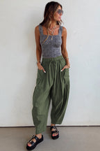 Jungle Green Drawstring Elastic Waist Patch Pocket Barrel Leg Casual Pants