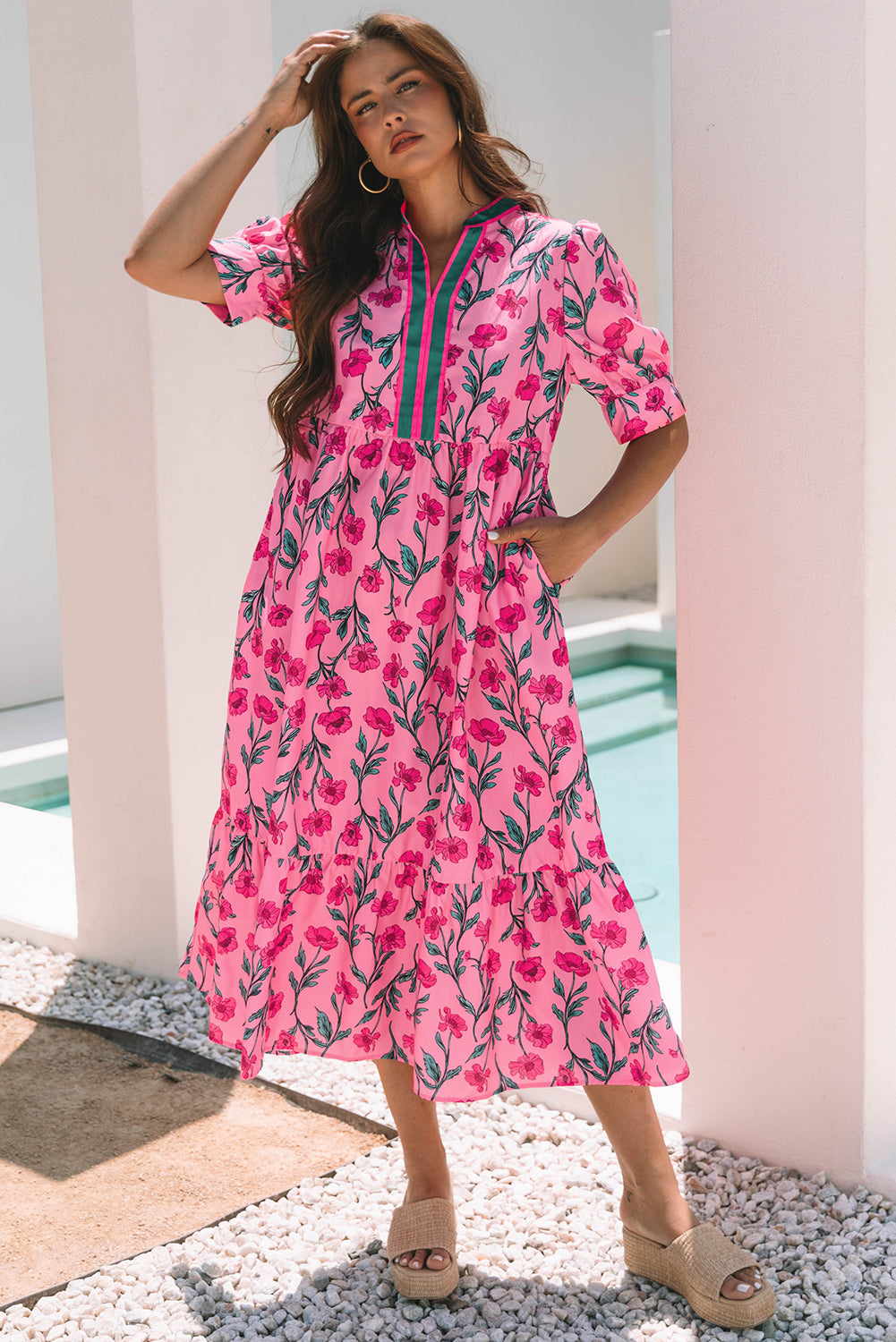 Pink Floral Contrast Neckline A-line Puff Sleeve Long Dress