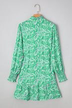 Green Paisley Print Long Sleeve Button Front Tied Waist Mini Dress