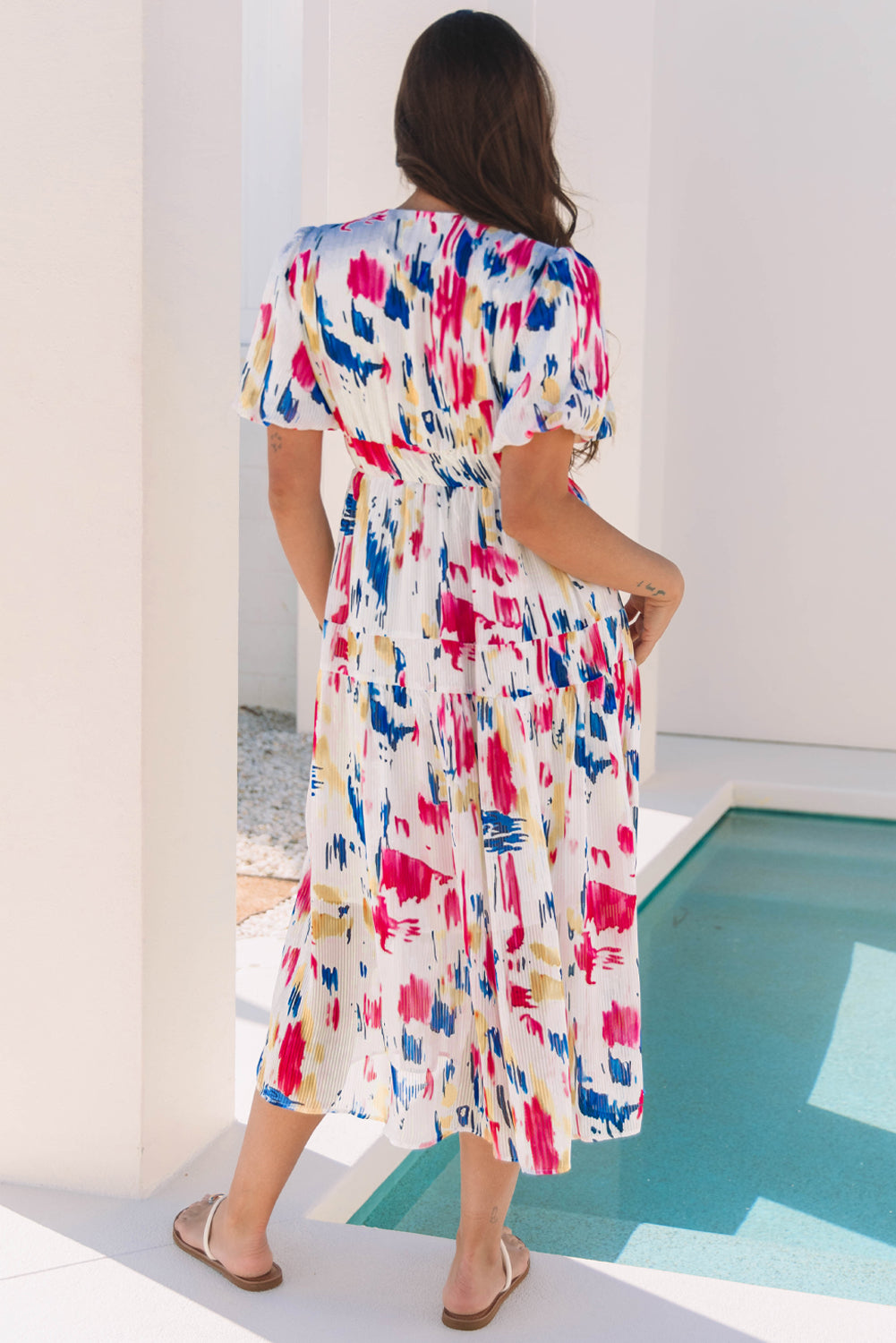 Sky Blue Abstract Print Short Puff Sleeve Tiered Maxi Dress