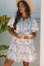 Pink Floral Striped Print Contrast Trim Tie Split Neck Mini Dress