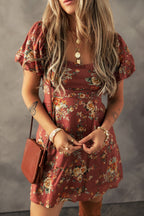 Red Floral Puff Sleeve Square Neck Knot Open Back Mini Dress
