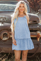 Beau Blue Bow Detail Spaghetti Straps Ruffle Hem Denim Short Dress