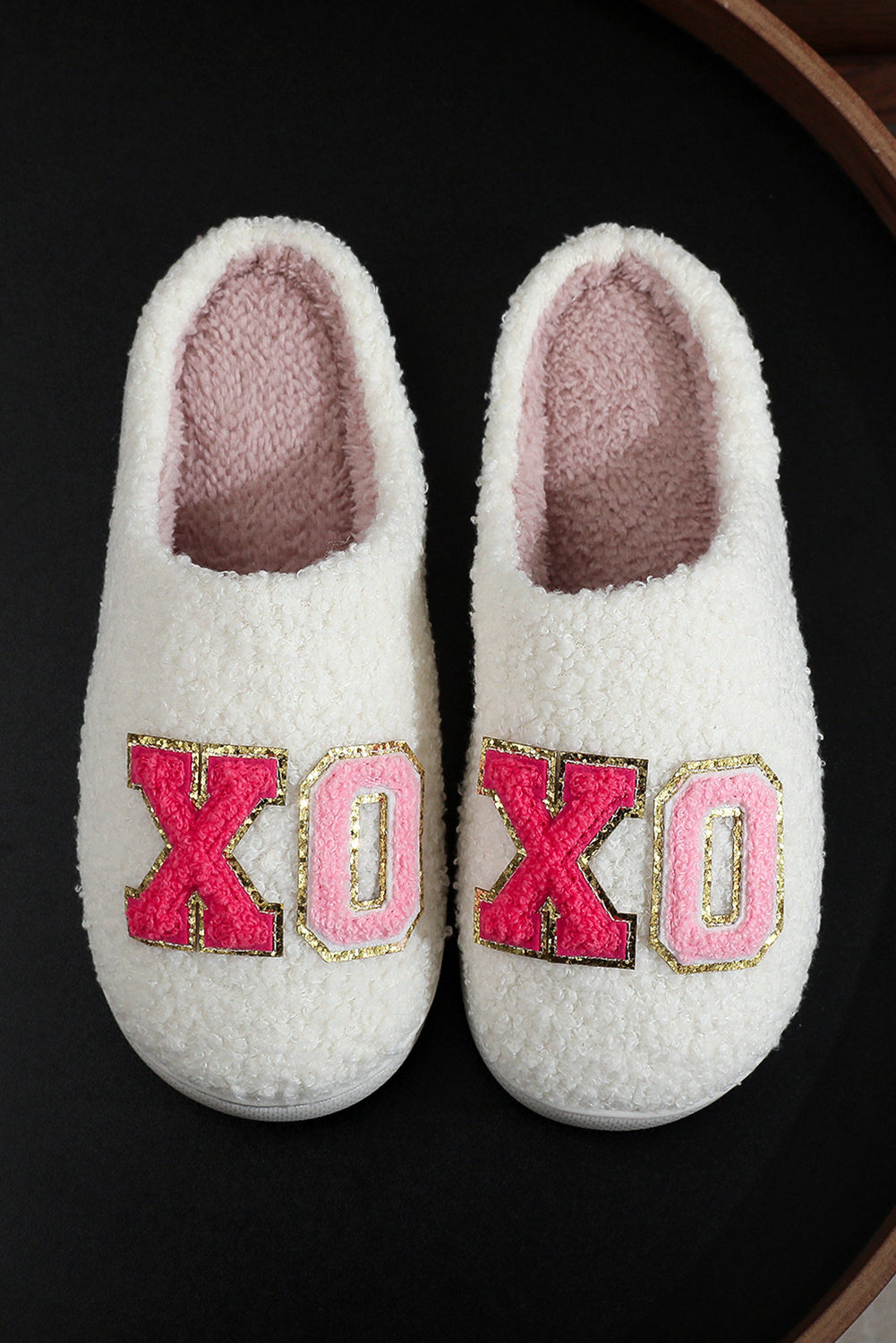Pink XO XO Glitter Trim Letter Patched Plush House Slippers