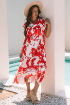 Red Floral Print Trimmed V Neck Ruffle Sleeve Long Dress