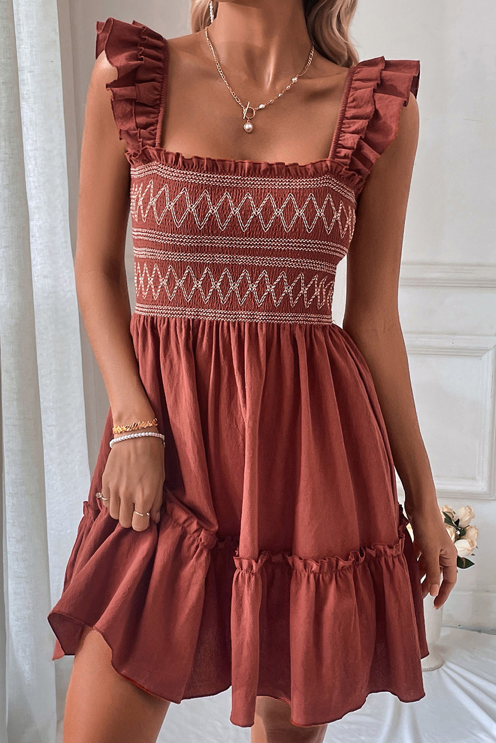 Red Sandalwood Geometric Stitch Shirred Bodice Ruffled Trim Sleeveless Mini Dress