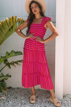 Rose Stripe Flutter Sleeve Smocked Bodice Tiered Maxi Dress