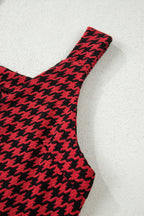 Red Houndstooth Print V Neck Sleeveless Mini Dress