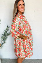 Red Floral Print Ricrac Trim V Neck 3/4 Sleeve Loose Mini Dress