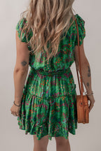 Green Floral Tie Split Neck Frilly Ruffle Trim Tiered Short Dress