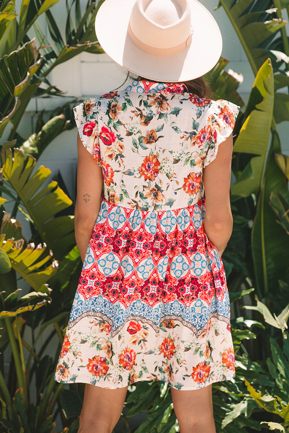 Rose Floral Mixed Pattern Ruffle Flutter Sleeve Buttoned Dress