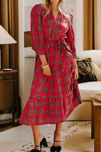 Red Christmas Plaid V Neck 3/4 Sleeve Tie Waist Ruffle Hem Long Dress