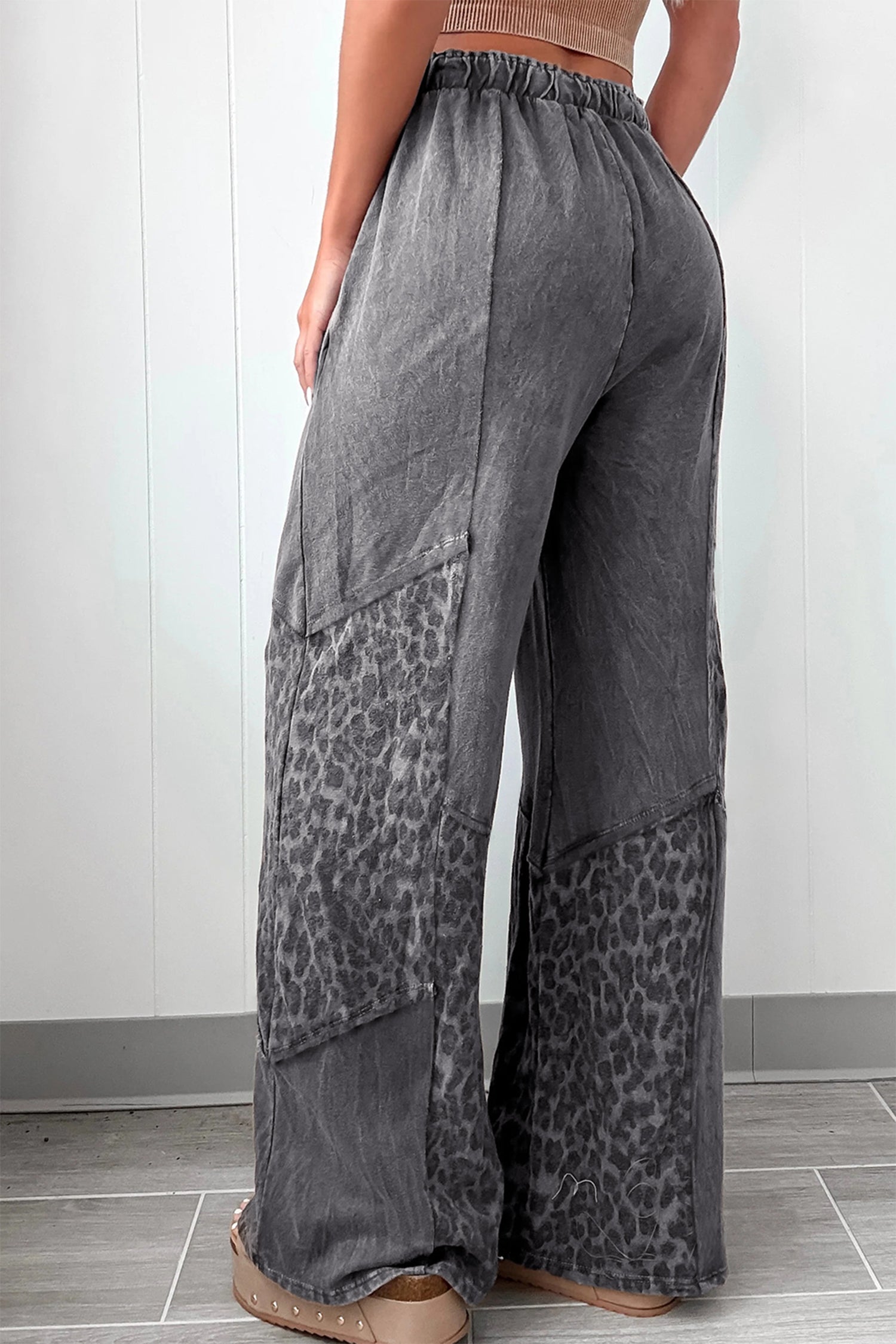 Dark Grey Mineral Wash Leopard Patchwork Loose Pants