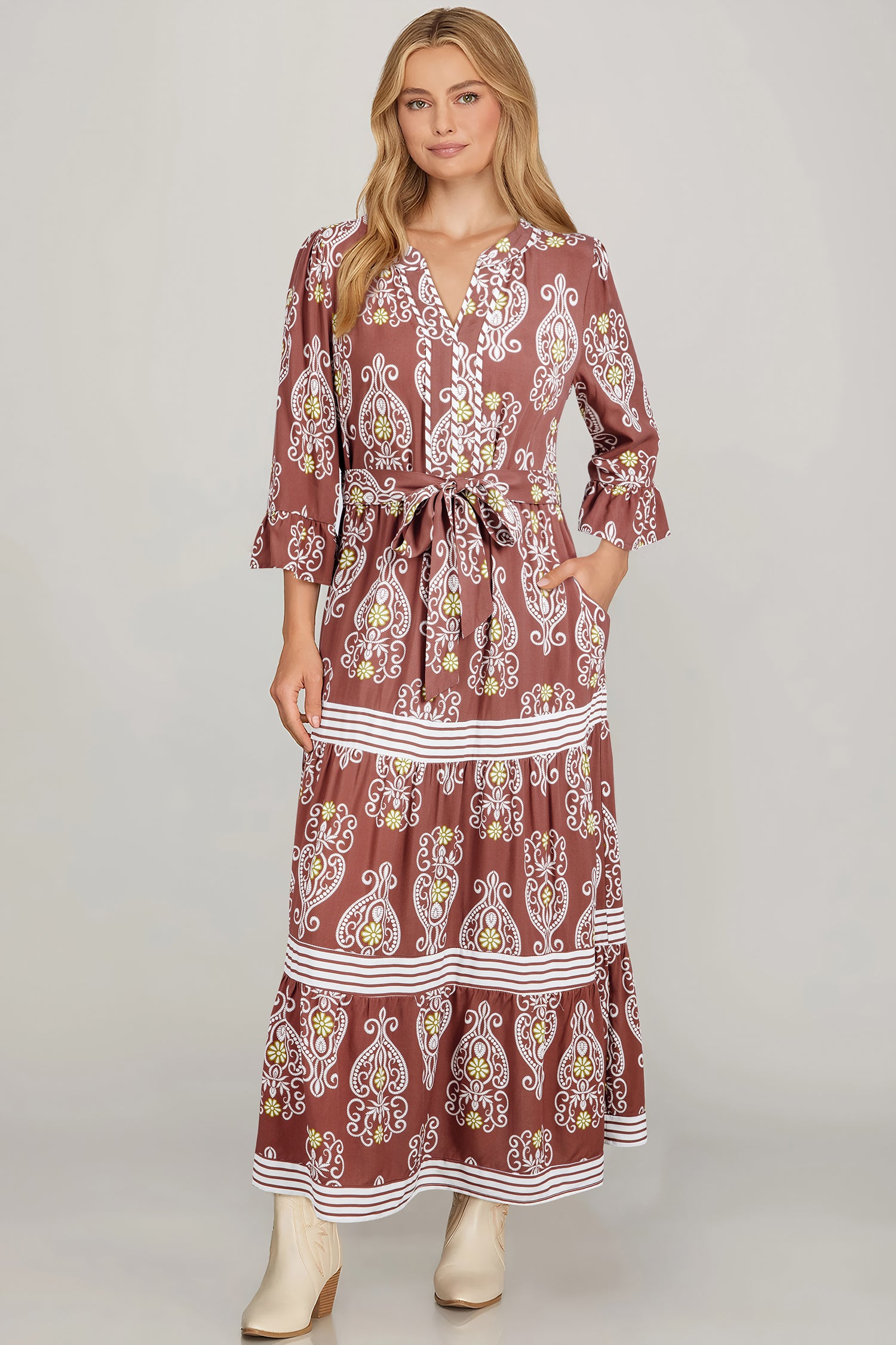 Brown Floral Print Belted Striped Trim Tiered Maxi Dress
