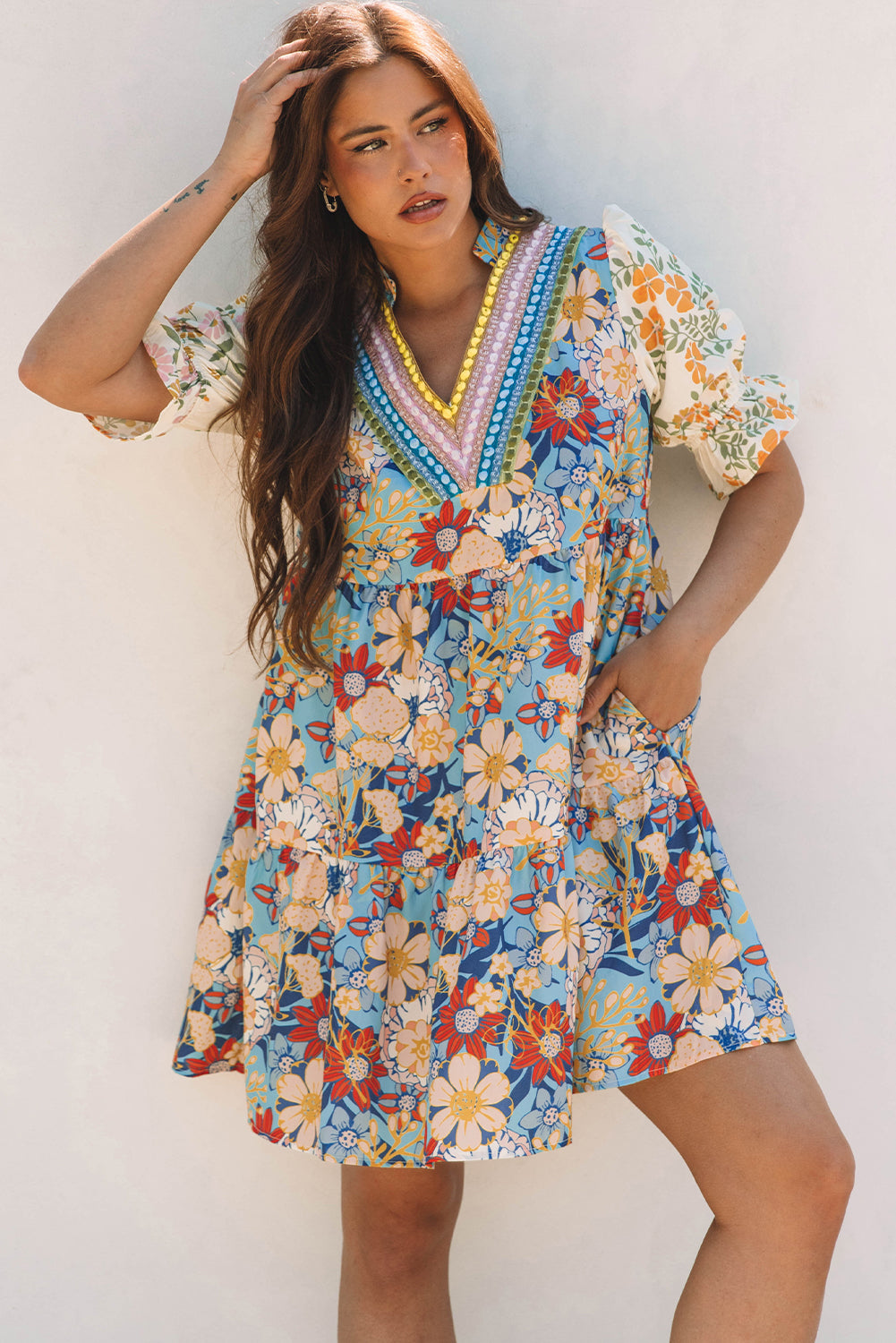 Multicolour Boho Floral Print Crochet Patchwork V Neck Loose Mini Dress