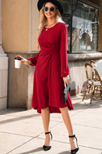 Fiery Red Solid Color Ruched Detail Long Sleeve Midi Dress