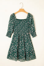 Green Smocked Square Neck Puff Short Sleeve Floral Dress