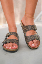 Coffee Geometric Print Cut Out Buckle PU Leather Flat Slippers