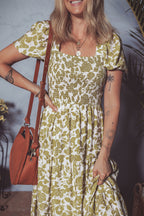 Yellow Boho Floral Square Neck Smocked Bust Puff Sleeve Tiered Long Dress