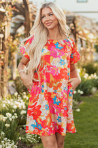 Pink Floral Print Bubble Short Sleeve Dress