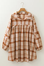 Brown Plaid Print Side Pockets Frilled Babydoll Mini Dress