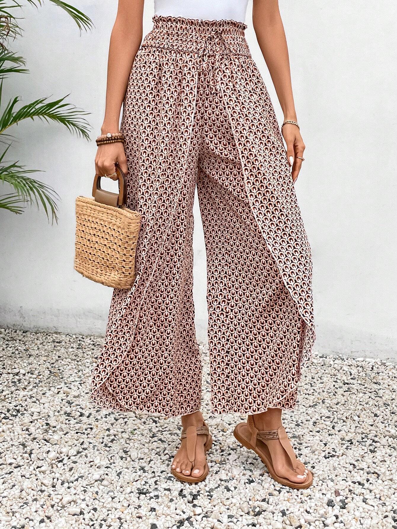 Pink Bohemian Print Slit Wide Leg Smocked High Waist Pants