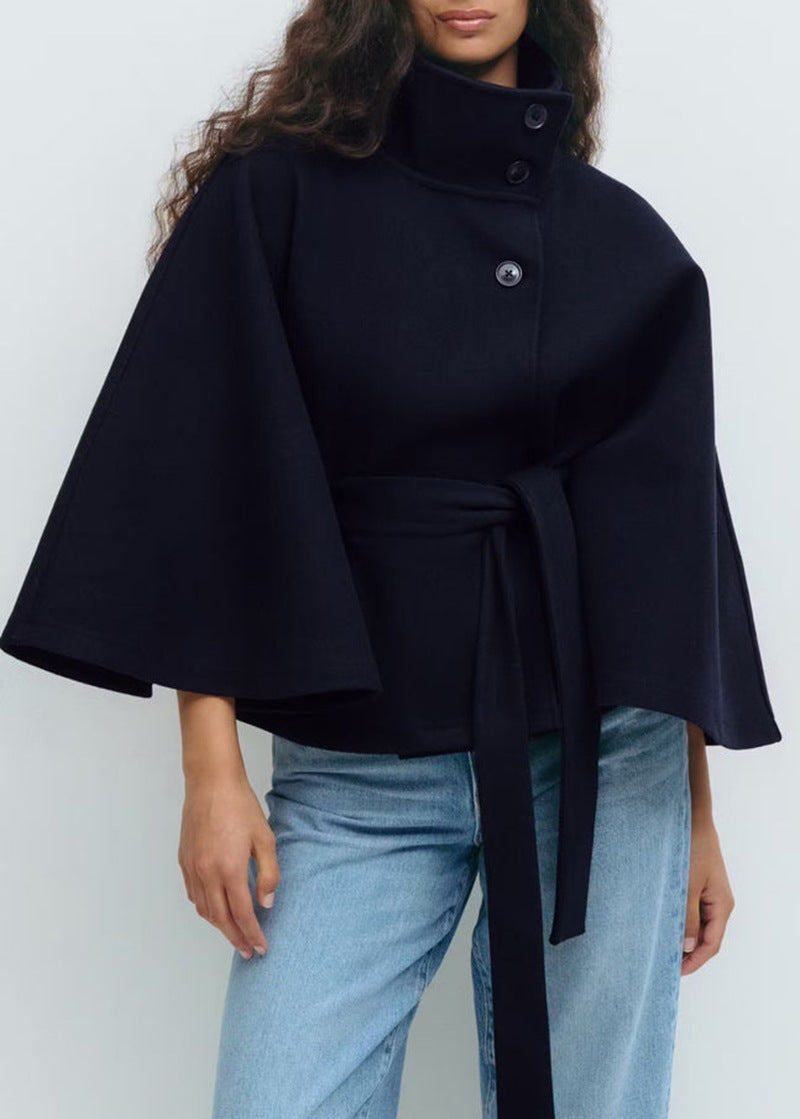 Elegant High Neck Batwing Sleeve Coat With Belt