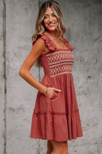 Red Sandalwood Geometric Stitch Shirred Bodice Ruffled Trim Sleeveless Mini Dress