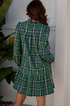 Green Plaid Print Frilly Collar Long Sleeve Shift Mini Dress