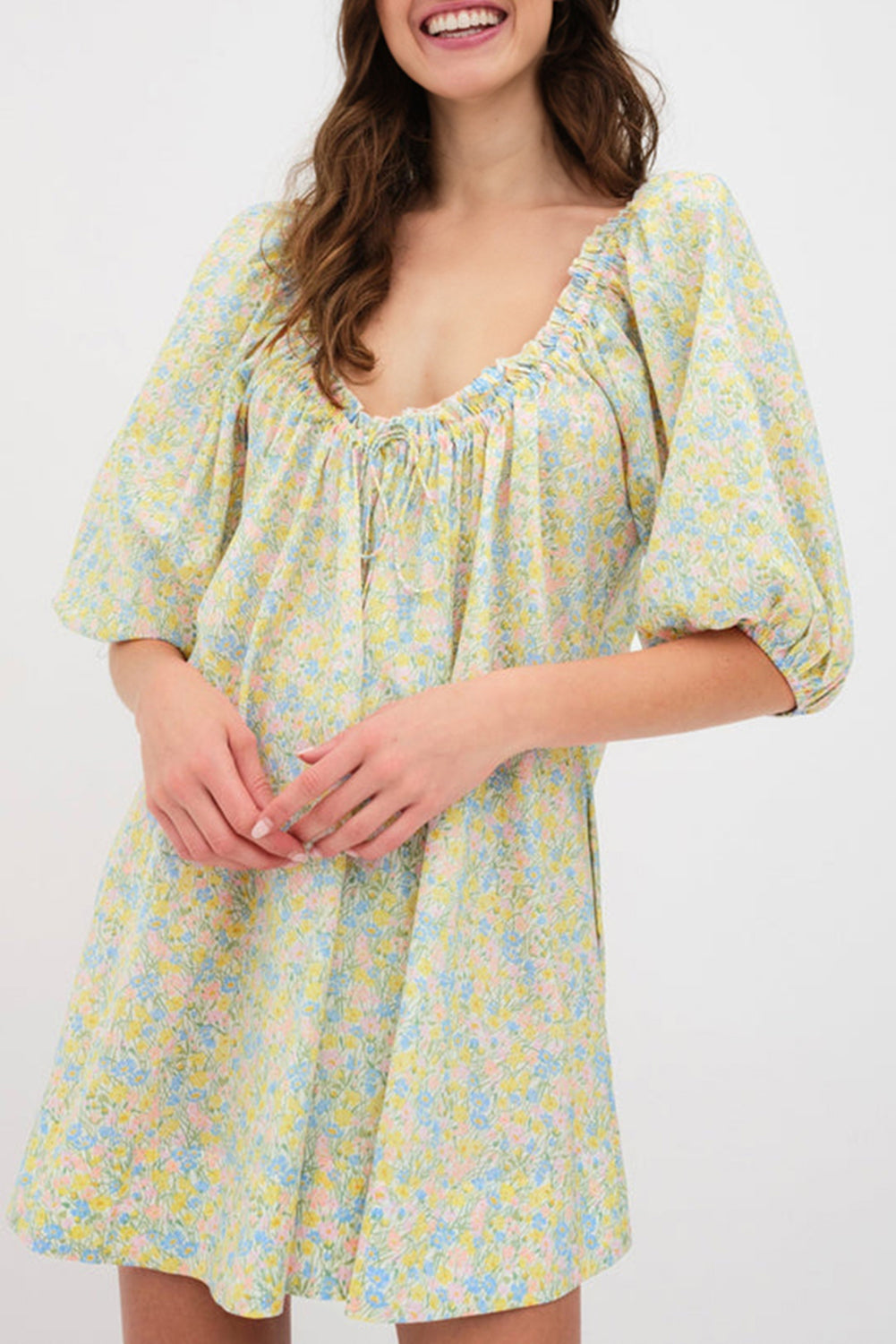 Green Floral Half Sleeve Frilled U Neck A-line Short Dress