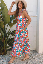 Red Boho Floral Ruffled Strap V Neck Maxi Dress