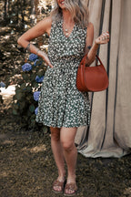 Green Boho Floral Print V Neck Tunic Sleeveless Dress