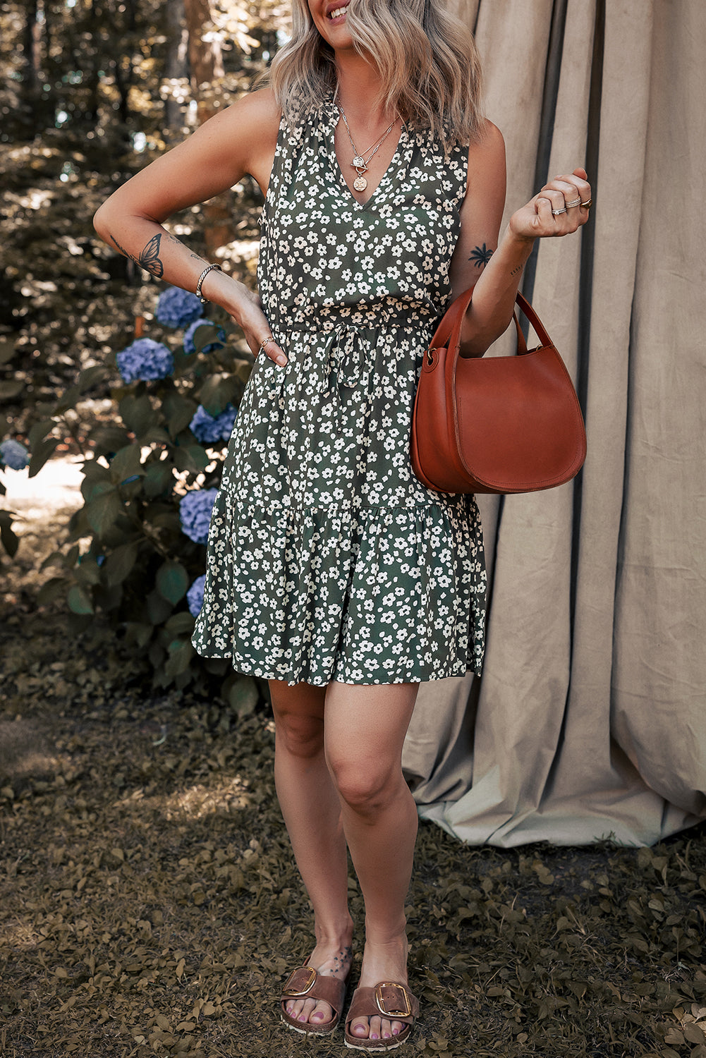 Green Boho Floral Print V Neck Tunic Sleeveless Dress