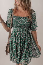 Green Smocked Square Neck Puff Short Sleeve Floral Dress