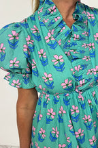 Green Floral Print Frilly Smocked Detail High Waist Mini Dress