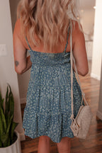 Blue Spaghetti Straps Floral Print Knot Detail High Waist Flared Dress