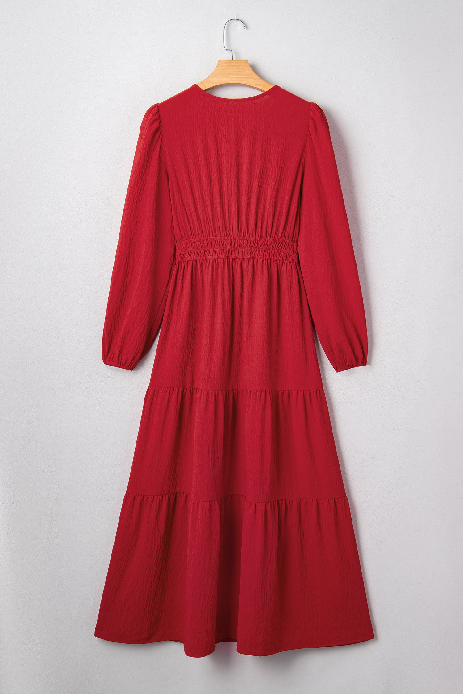 Racing Red Contrast Embroidered Detail Cinched Waist Tiered Long Sleeve Maxi Dress