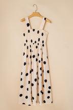 Oatmeal Polka Dot Smocked Fit Flared Sleeveless Long Dress