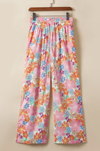Pink Floral Smocked Waist Loose Pants