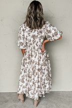 Khaki Floral Puff Sleeve V Neck Buttoned Front Maxi Dress