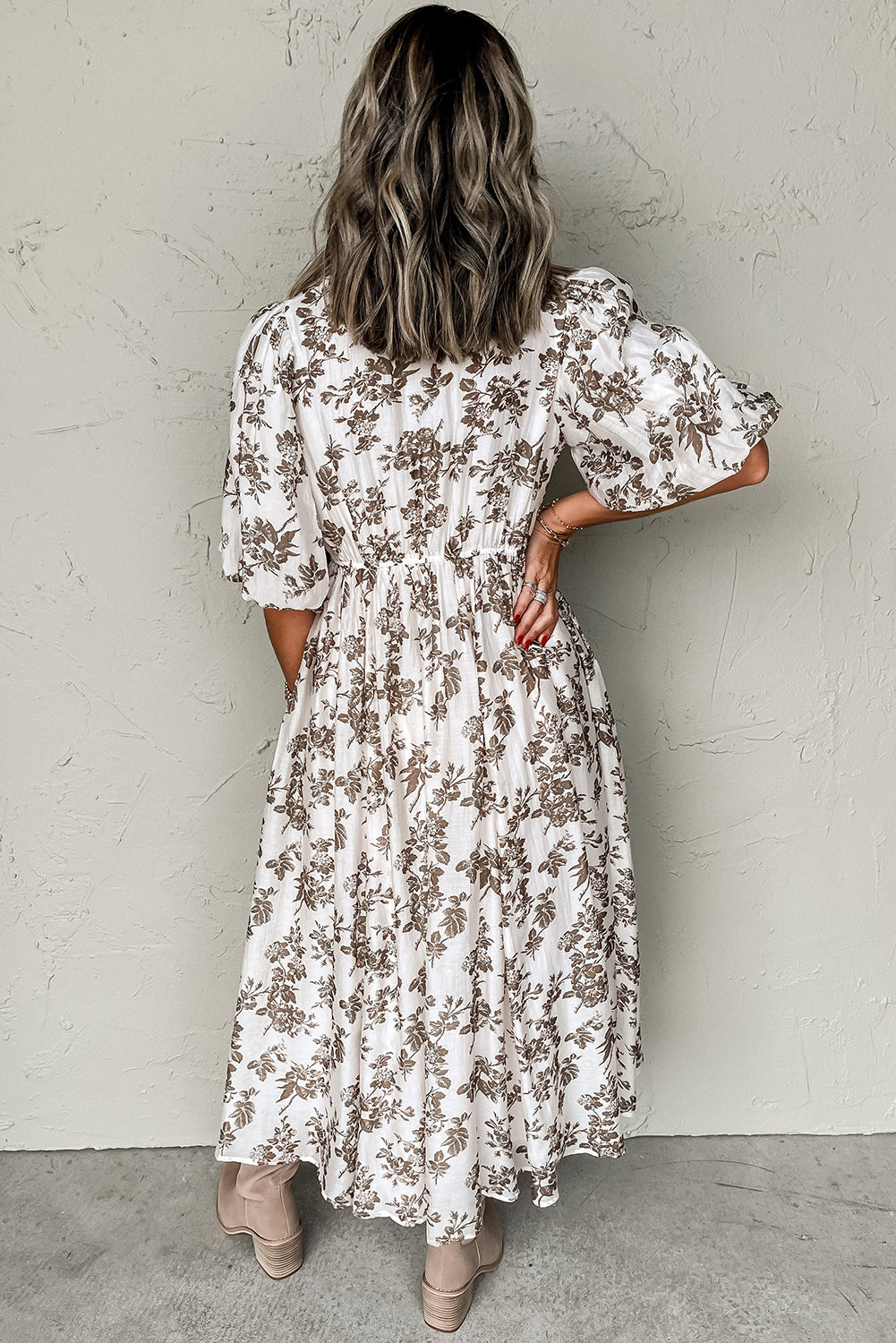 Khaki Floral Puff Sleeve V Neck Buttoned Front Maxi Dress