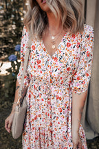 Red Boho Half Sleeve Floral V Neck Maxi Dress