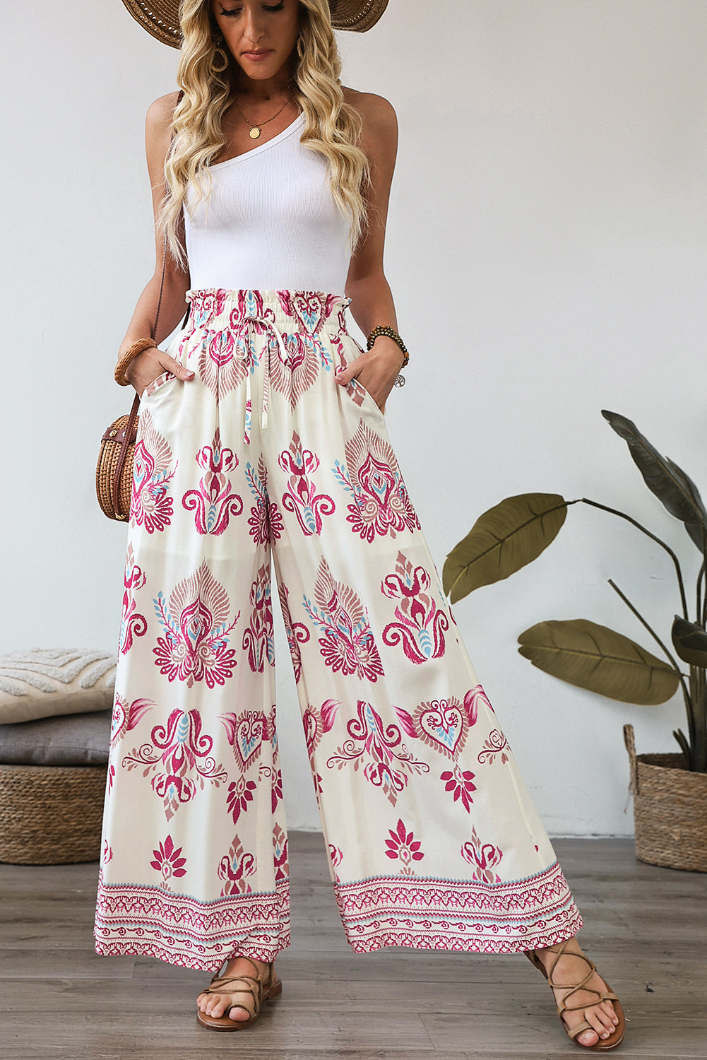 Rose Boho Printed Shirred High Waist Flowy Wide Leg Pants