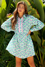 Green Floral Print Notched Neck Scalloped Detail Long Sleeve Mini Dress