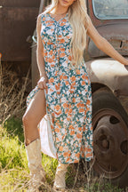 Green Floral Print Trimmed V Neck Tie Waist Sleeveless Holiday Long Dress