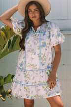 Pink Floral Striped Print Contrast Trim Tie Split Neck Mini Dress