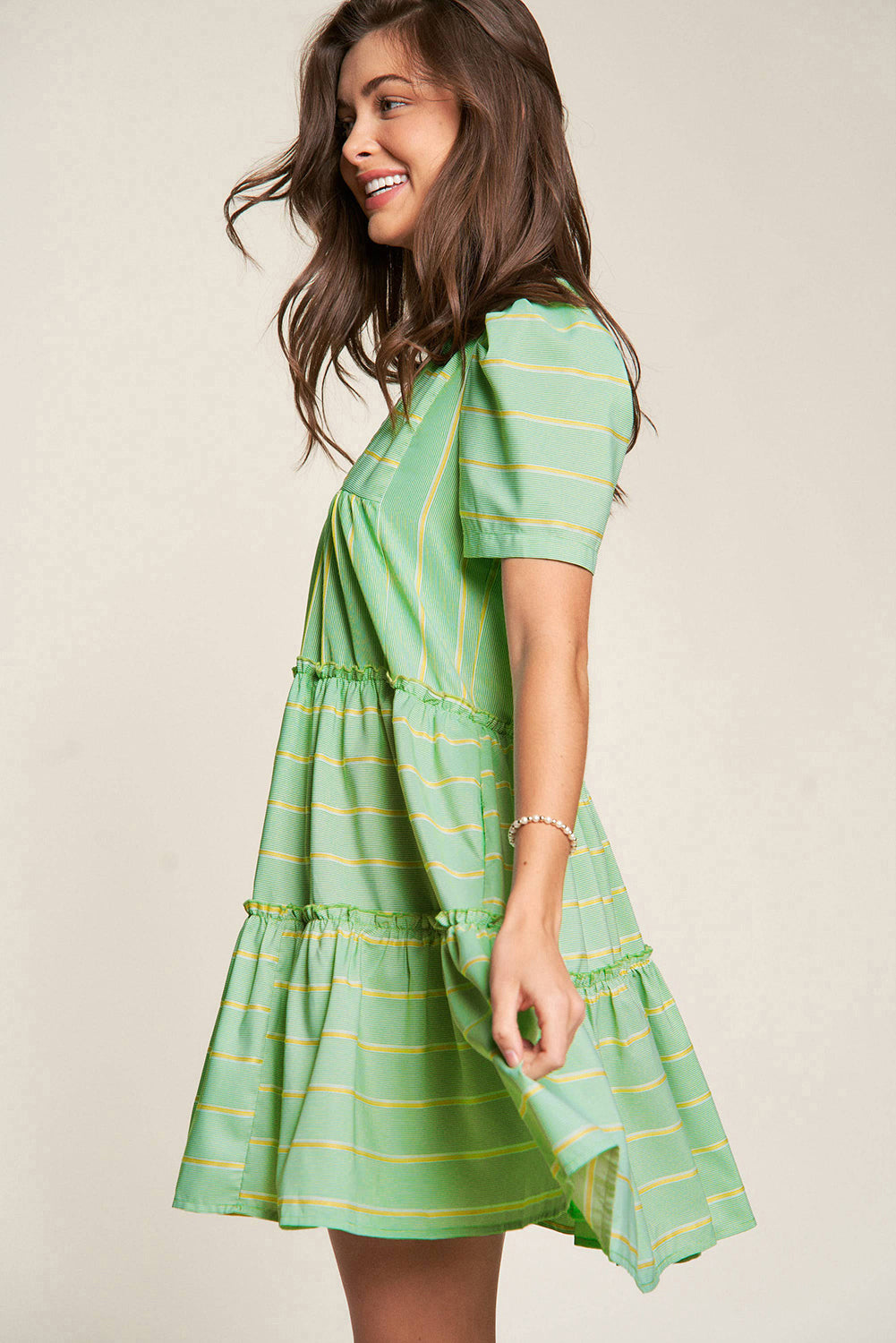 Green Stripe V Neck Short Sleeve Frilled Detail A-line Dress