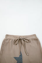 Khaki Retro Star Print Loose Long Sleeve Drawstring Wide Leg 2pcs Lounge Set
